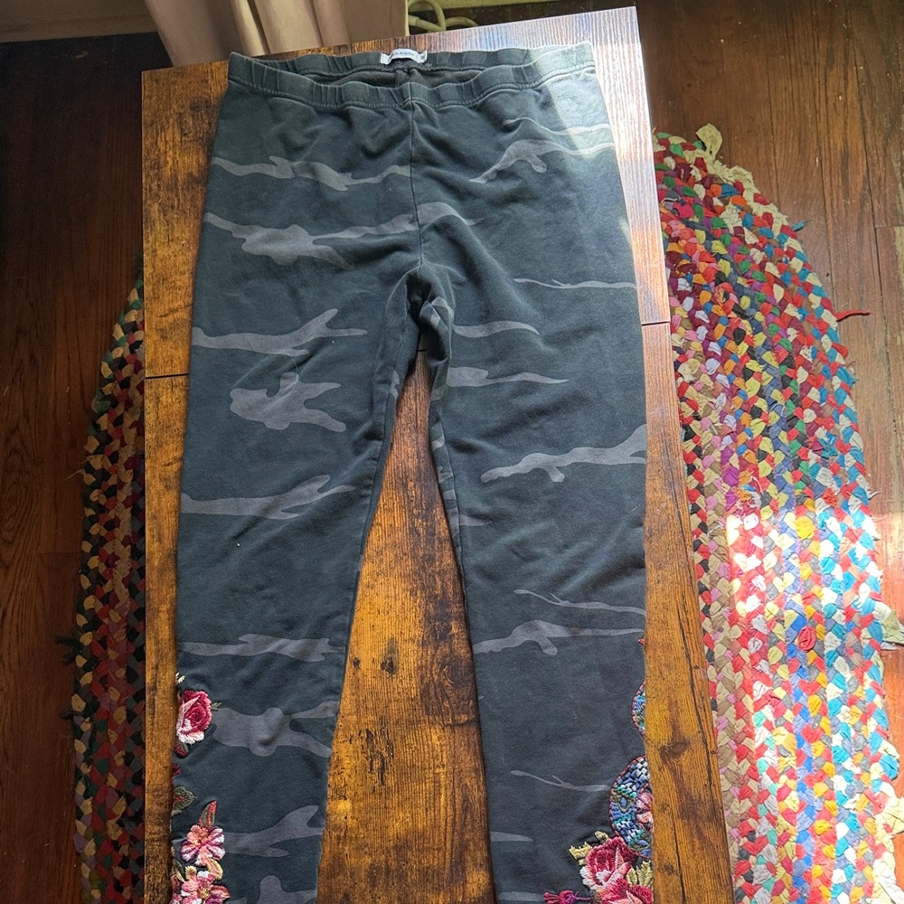 Women's Black Camo Leggings with Floral Embroidery